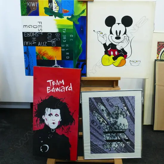 3 OIL PAINTINGS 'MICKEY MOUSE' 'TEAM EDWARD' BLUE NZ ABSTRACT AND M C ESCHER PRINT AND FRENCH POEM POSTER