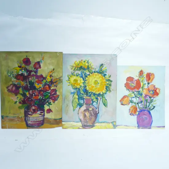 3 IMPRESSIONIST FLORAL STILL LIFE PAINTINGS BY K. SOMMER, ON BOARD, UNFRAMED, 1960-70