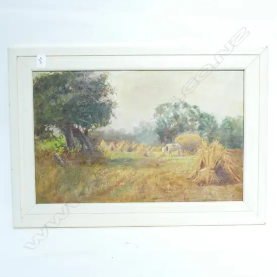 COUNTRY HAY STACKS SCENE OIL H 470MM W 680MM