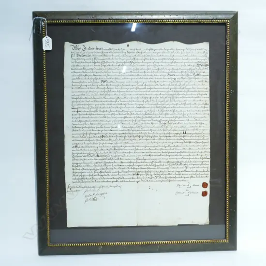 SIGNED FRAMED PARCHMENT INDENTURE DATED 1755 H 660MM W 550MM