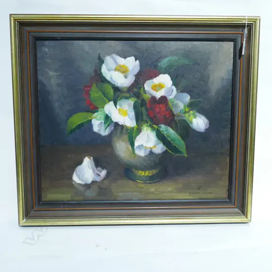 DOROTHY MILNE, OIL, STILL LIFE CAMELLIAS IN A VASE, SIGNED. 395 x 470mm
