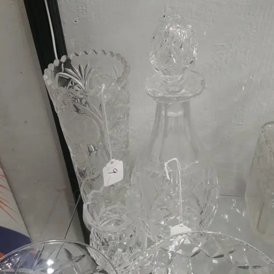 CRYSTAL DECANTER & 2 VASES