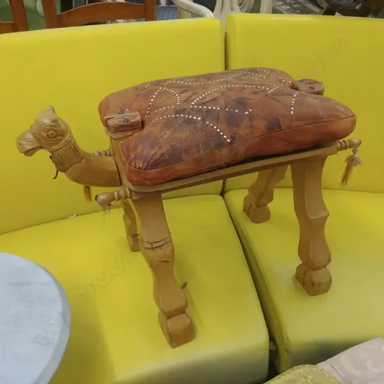LEATHER POUF & CAMEL SHAPED WOODEN STOOL A/F