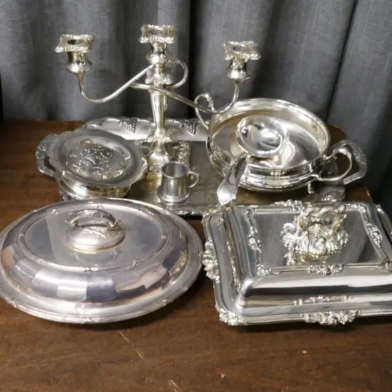 EP CANDELABRA, ENTREE DISHES, TRAY, ETC