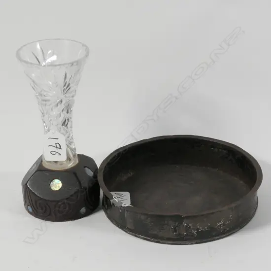 CRYSTAL VASE WITH HAND CARVED MAORI BASE, & METAL DISH