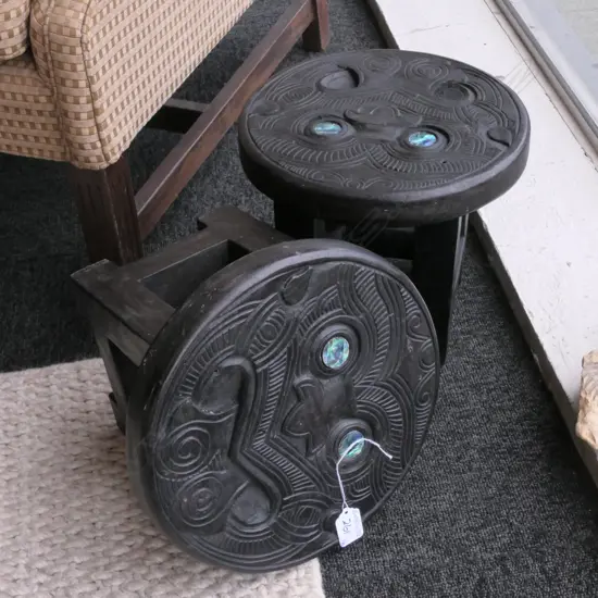 PR MAORI CARVED STOOLS PAUA INSERTS