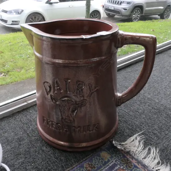 LGE 'DAIRY FRESH MILK' POTTERY JUG LUSTROUS DARK COPPER GLAZE