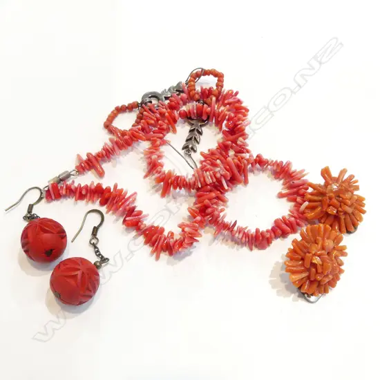 BRANCH CORAL NECKLACE + 2 PR'S EARRINGS 