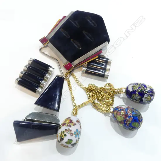 ART DECO RING TRAY + 2 DECO BUCKLES + CLOISONNE PENDANTS