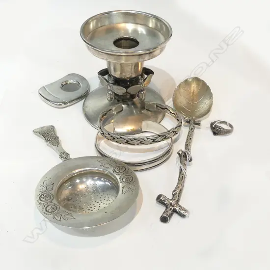 .830 SILVER TEA STRAINER + 2 SILVER BANGLES ETC