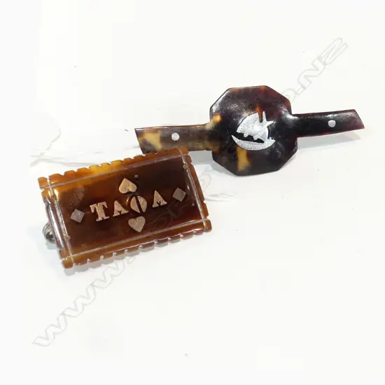 2 TORTOISE SHELL BROOCHES GOLD ? AND SILVER INLAY