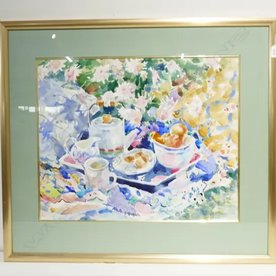 VIVIAN MANTHEL WATERCOLOUR 'TEA IN THE GARDEN' 720MM H X 810MM W