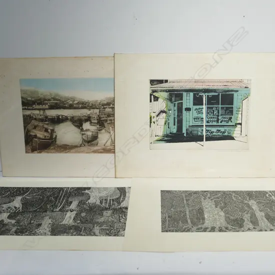 FOUR PRINTS - TWO CYNTHIA JAFFE LITHOGRAPHS + 2 LANDSCAPES ETCHINGS LARGEST 300 X 510MM