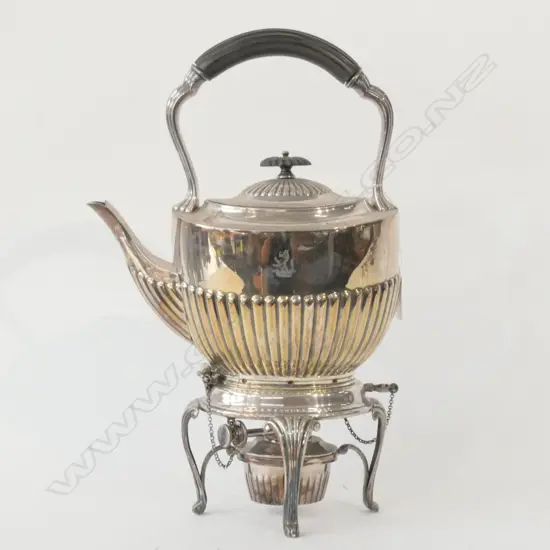 SILVER PLATE SPIRIT KETTLE CRESTED HALF LOBED BODY