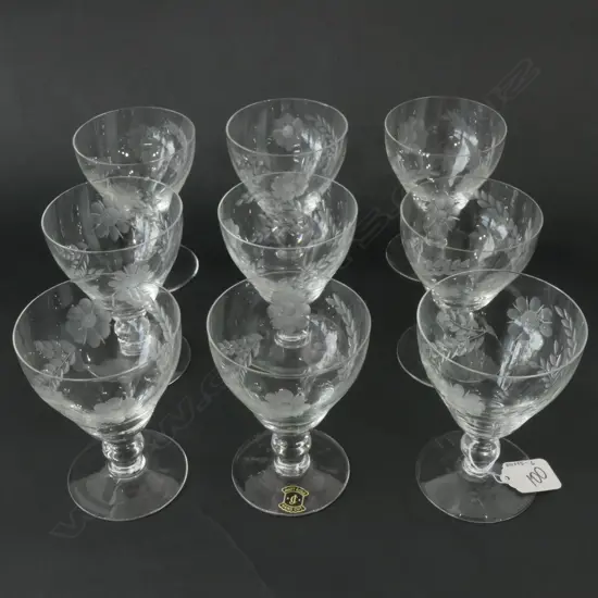 SET OF 9 HANDCUT/ETCHED WINE GLASSES