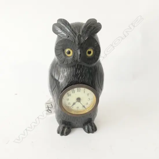 ANTIQUE CARVED WOODEN OWL CLOCK - GLASS EYES