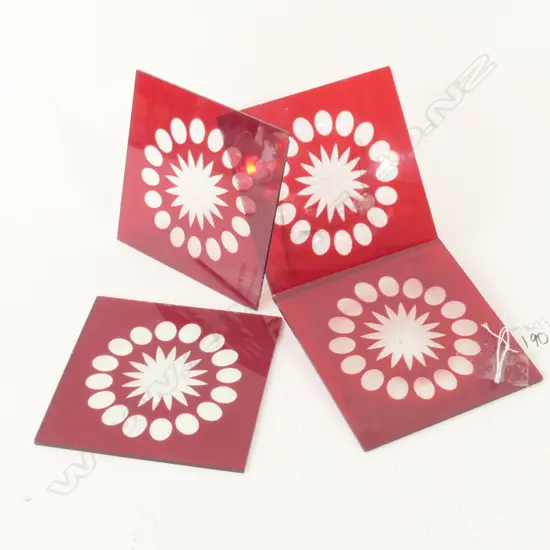 4 ENGRAVED RED GLASS VILLA DOOR SQUARES RARE