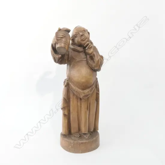 CARVED WOODEN FIGURE OF A DRINKING MONK H 560 MM