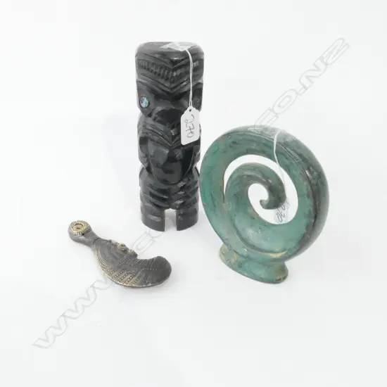 MAORI CARVED FIGURE WITH 2 OTHER MAORI DESIGN PIECES H 190 MM