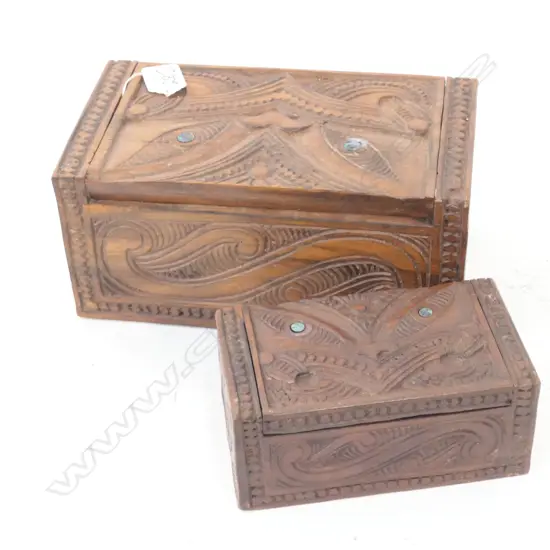 LATE 20TH C CARVED  BOX WITH MAORI MOTIFS + ONE SMALLER L 240 MM