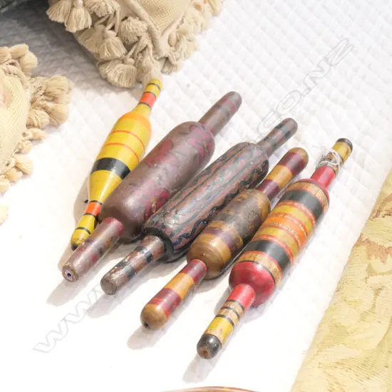 5 OLD INDIAN CHAPATI BREAD ROLLERS PAINTED STRIPES