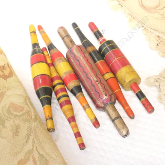 6 OLD INDIAN CHAPATI BREAD ROLLERS PAINTED STRIPES