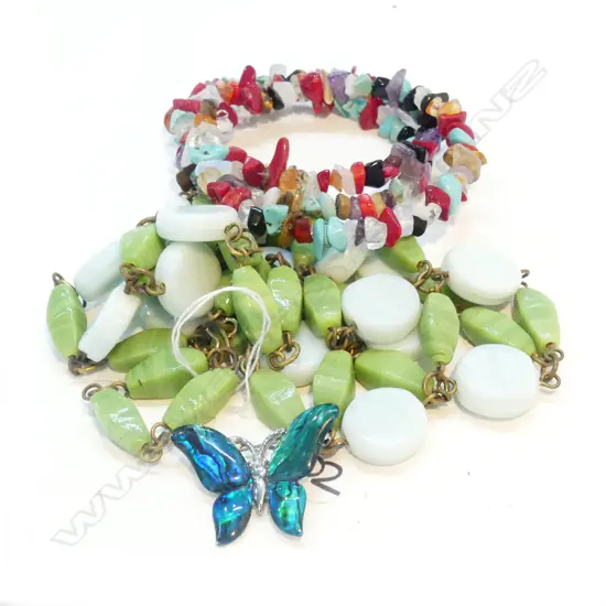 PAUA BUTTERFLY BROOCH, 2 NECKLACES