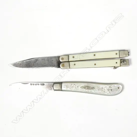 2 ANTIQUE MOP & S/SILVER FRUIT KNIVES, HALLMARKED