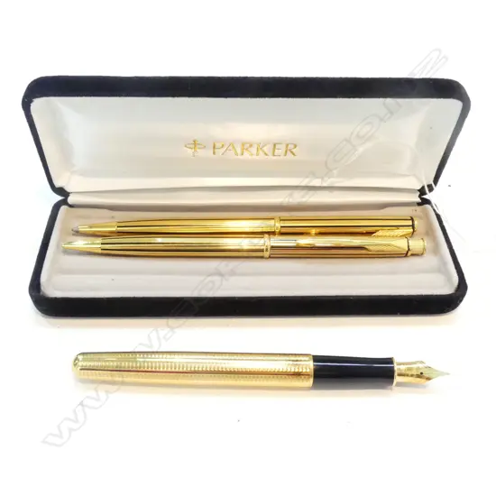 PARKER GOLD PLATED 'SONNET' FOUNTAIN PEN, PARKER 'PREMIER' BALLPOINT & MECHANICAL PENCIL.