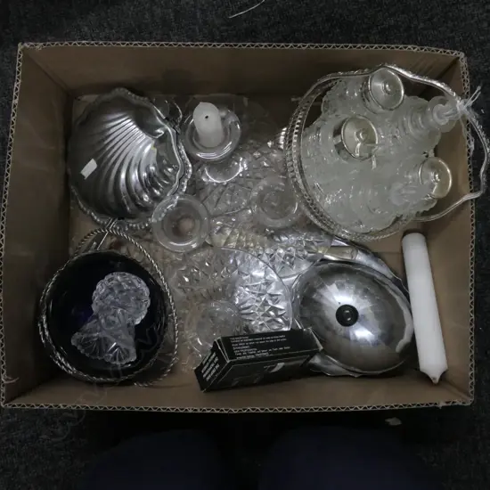 BOX S/PLATE  CRYSTAL & GLASS CANDLESTICKS CRUET ETC