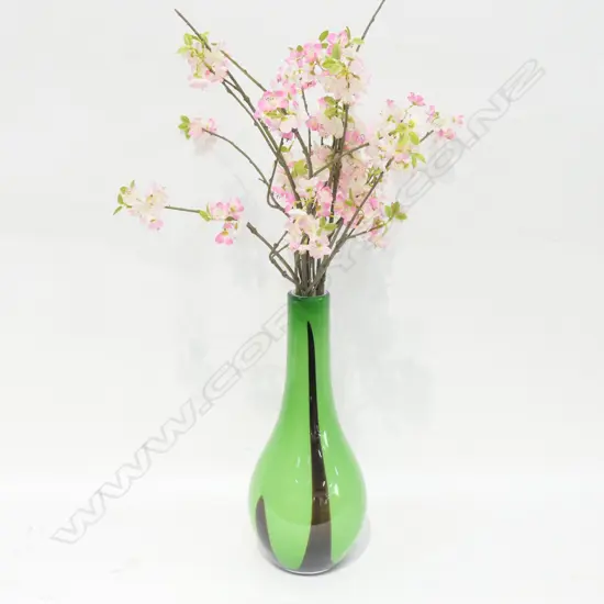 GREEN ART GLASS VASE AND 400MM H AND CHERRY BLOSSOMS