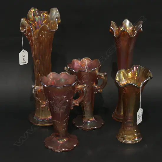 5 ASST CARNIVAL GLASS VASES H 280 MM