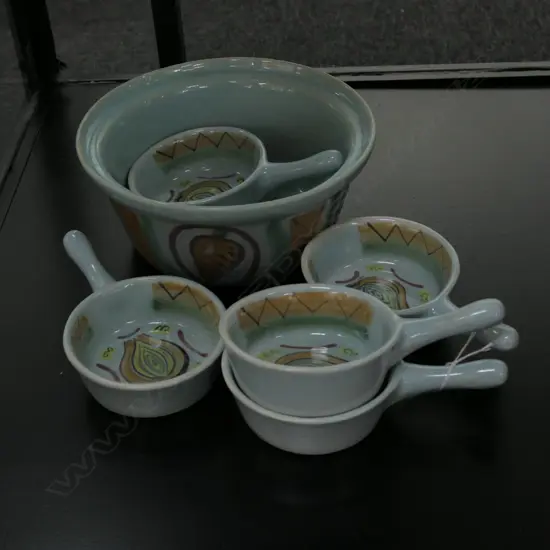 5 BUCHAN SCOTTISH STONEWARE HANDLED RAMEKINS AND BOWL IN 'RIVIERA' DESIGN