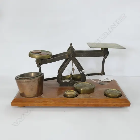 OLD BRASS LETTER BALANCE SCALES MAHOGANY BASE