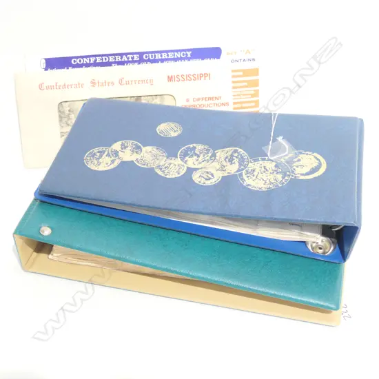 2 COIN ALBUMS N.Z+WORLD COINS + AMERICAN REPRO NOTES