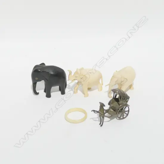 SILVER PLATE RICKSHAW/2 IVORY ELEPHANTS/1 EBONY ELEPHANT