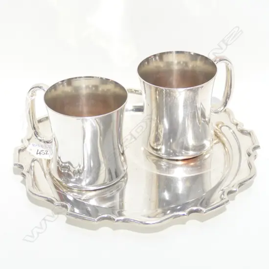 3 PCES REPRODUCTION SILVER OVER COPPER OLD SHEFFIELD PLATE; TRAY AND TWO TANKARDS