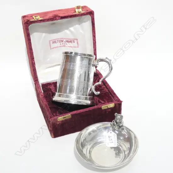 CHILDS PEWTER PORRIDGE BOWL AND TANKARD 120MM H