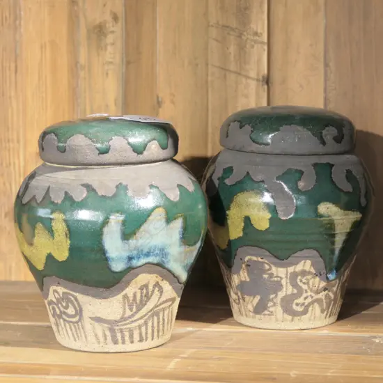 PAIR OF RUSTIC CERAMIC GINGER JARS 160MM H