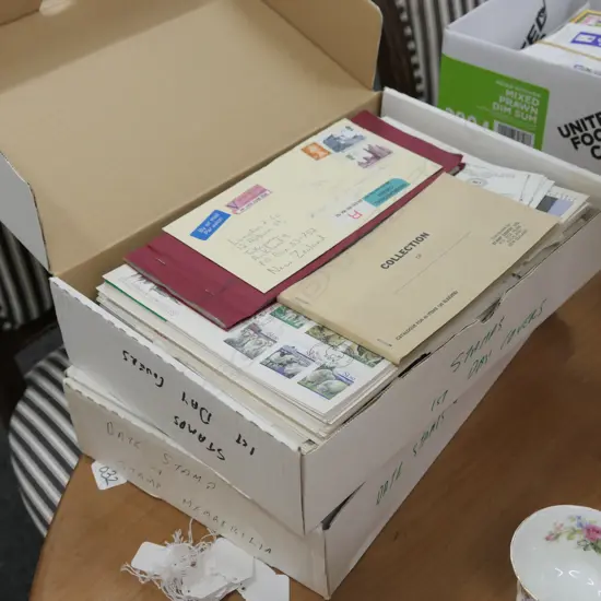 2 BOXES OF ASST STAMPS + FIRST DAY COVERS