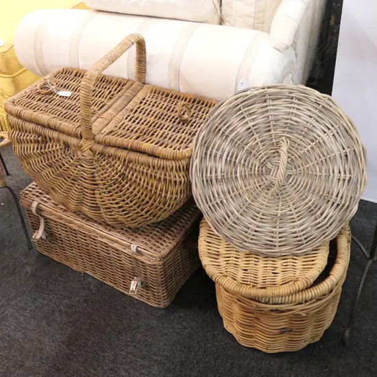 3 RETRO WICKER CANE PICNIC BASKETS