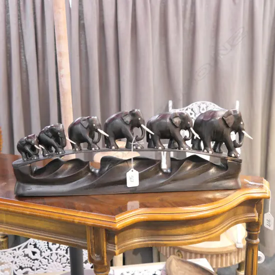 6 WALKING ELEPHANTS ORNAMENT 2 TUSKS MISSING 500MM L