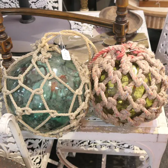 2 OLD GLASS FISHING NET FLOATS ROPE BOUND