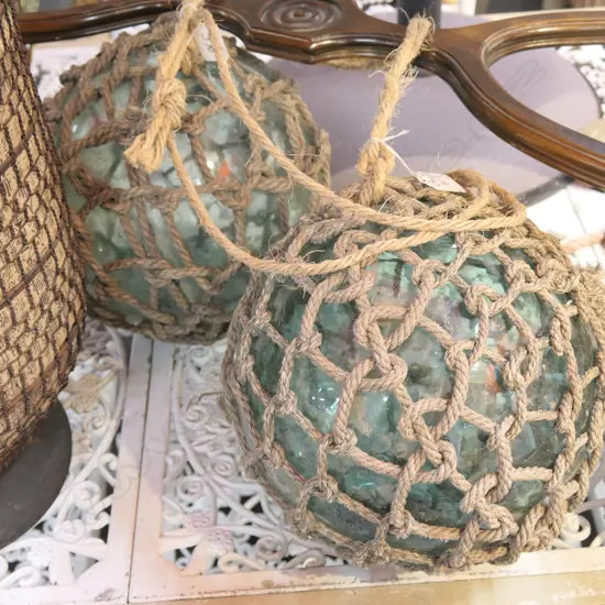 2 OLD GLASS FISHING NET FLOATS ROPE BOUND