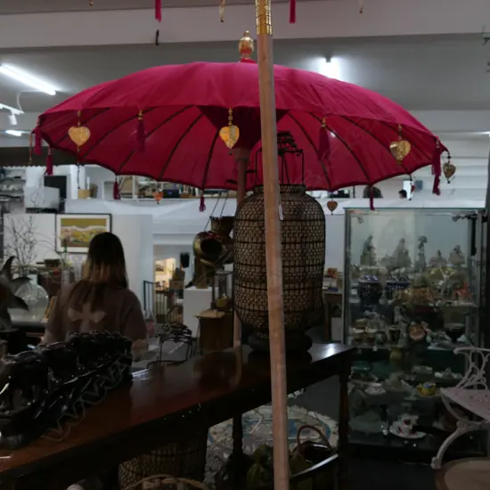 INDIAN STYLE PINK COTTON SUN UMBRELLA WITH GOLD HEART TRIM 2.7M H 