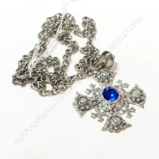LARGE SILVER CROSS WITH BLUE STONE & PLATED CHAIN