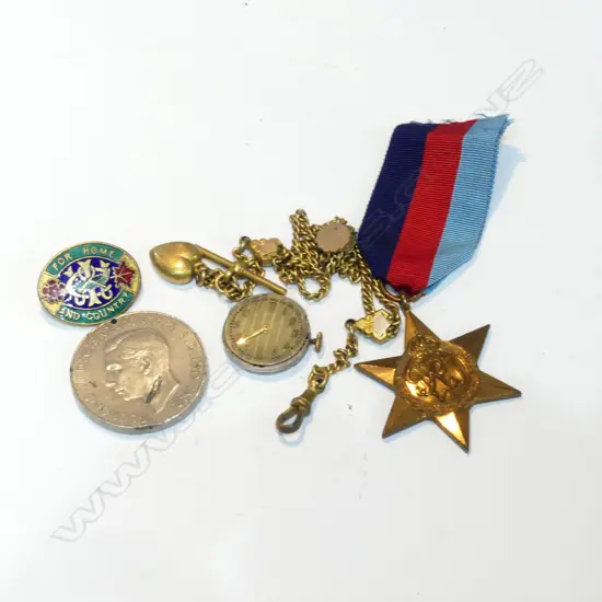 WWII  1939-45 STAR, NZ SERVICE MEDAL, WOMEN'S INSTITUTE BADGE, GILT ALBERTINA CHAIN & SMALL PKT WATCH MOVEMENT