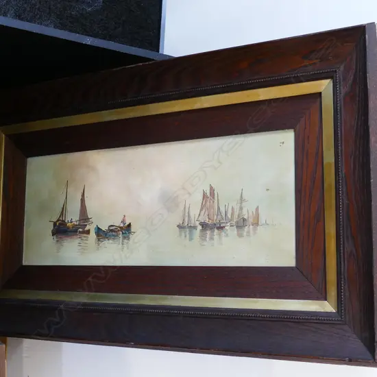 C. 1900 OIL BOAT SCENE IN EARLY OAK FRAME. WORK - 190 x 495