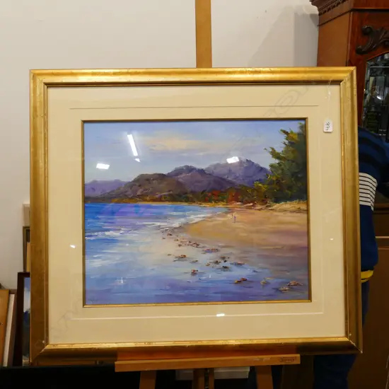 BETTY MAHONEY (AUST.), 'ON THE BEACH', OIL ON BOARD, 490 x 600mm