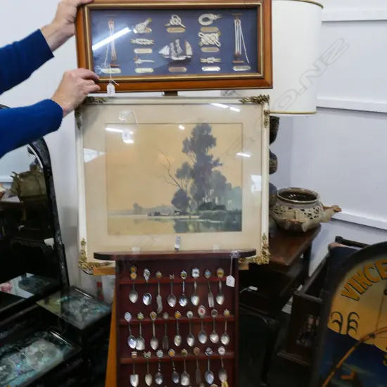 FRAMED NAUTICAL SAILING ROPES + OLD COLLEC. SPOONS & PRINT  